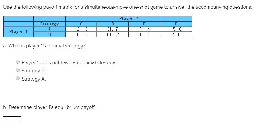 Use the following payoff matrix for a simultaneous-move one-shot game to answer the accompanying questions.
Player 2
Strategy
A
B
C
12, 12
18, 15
a. What is player 1's optimal strategy?
Player 1
D
21, 7
13, 12
Player 1 does not have an optimal strategy.
Strategy B.
Strategy A.
b. Determine player 1's equilibrium payoff.
E
7, 14
16, 18
F
15, 8
7, 8