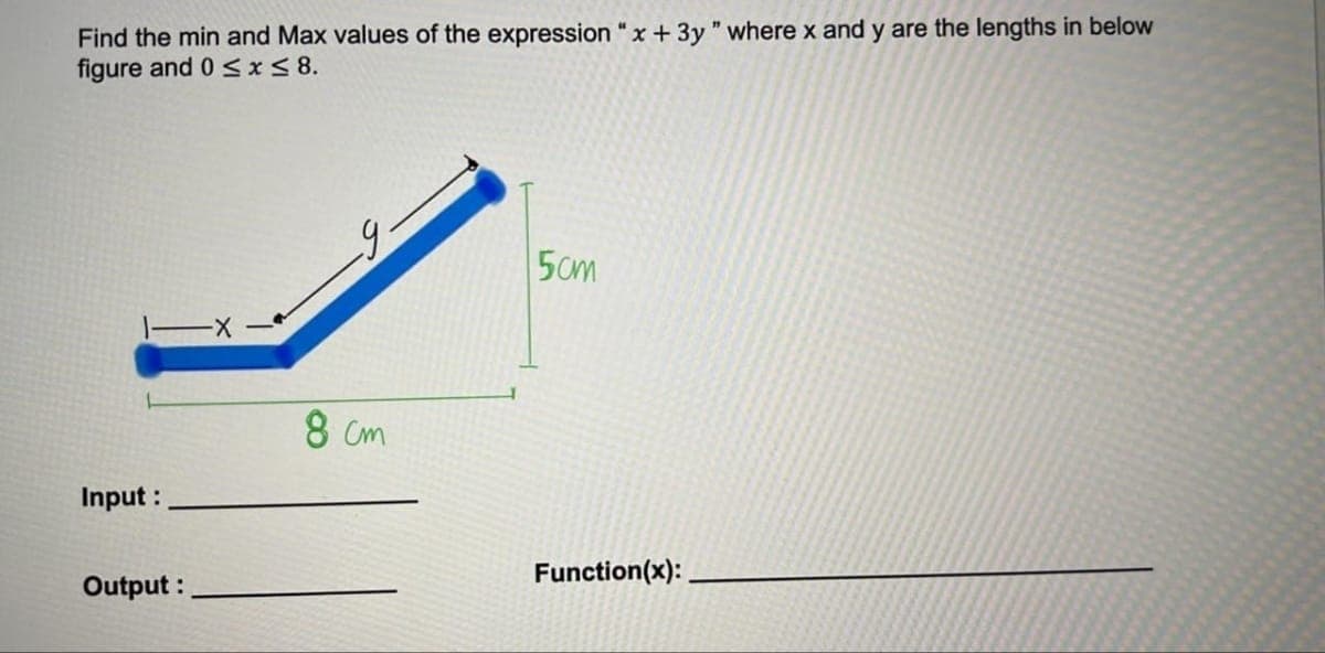 Find the min and Max values of the expression "x + 3y" where x and y are the lengths in below
figure and 0≤x≤ 8.
Input :
Output:
-9-
8 cm
5cm
Function(x):