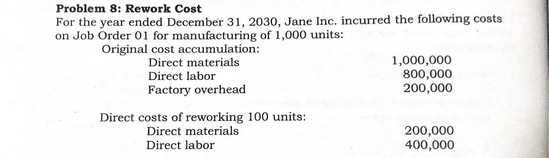 Problem 8: Rework Cost
For the year ended December 31, 2030, Jane Inc. incurred the following costs
on Job Order 01 for manufacturing of 1,000 units:
Original cost accumulation:
Direct materials
1,000,000
800,000
200,000
Direct labor
Factory overhead
Direct costs of reworking 100 units:
Direct materials
200,000
400,000
Direct labor
