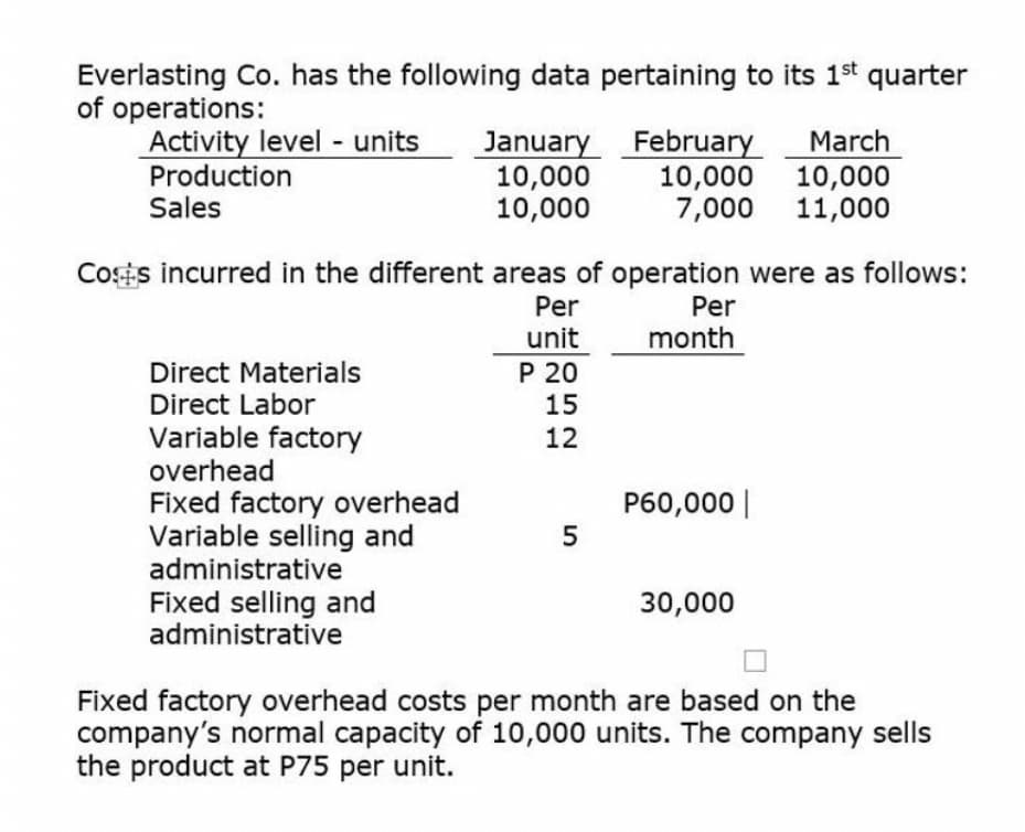 Everlasting Co. has the following data pertaining to its 1st quarter
of operations:
Activity level - units
Production
Sales
January February
10,000
10,000
March
10,000 10,000
11,000
7,000
Cots incurred in the different areas of operation were as follows:
Per
Per
unit
month
P 20
Direct Materials
Direct Labor
15
Variable factory
overhead
Fixed factory overhead
Variable selling and
administrative
12
P60,000||
5
Fixed selling and
administrative
30,000
Fixed factory overhead costs per month are based on the
company's normal capacity of 10,000 units. The company sells
the product at P75 per unit.
