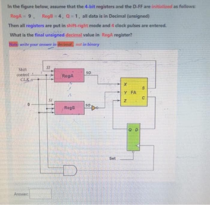 In the figure below, assume that the 4-bit registers and the D-FF are initialized as follows:
RegA = 9. RegB = 4, Q=1, all data is in Decimal (unsigned)
Then all registers are put in shift-right mode and 4 clock pulses are entered.
Ache
What is the final unsigned decimal value in RegA register?
Note: write your answer in decimal, not in binary
SI
Shift
control
SO
RegA
CLK
X
Y FA
SO
Answer:
SI
RegB
Set
N
QD
S
C