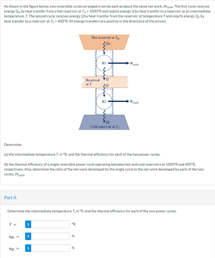 As shown in the figure below, two reversible cycles arranged in series each produce the same net work, Wcycle. The first cycle receives
energy QH by heat transfer from a hot reservoir at TH= 1000°R and rejects energy Q by heat transfer to a reservoir at an intermediate
temperature, T. The second cycle receives energy Q by heat transfer from the reservoir at temperature T and rejects energy Qc by
heat transfer to a reservoir at Tc = 400°R. All energy transfers are positive in the directions of the arrows.
Part A
T =
"RI =
"R2 =
i
i
Hot reservoir at T
°R
Reservoir
at T
%
in
Determine:
(a) the intermediate temperature T, in °R, and the thermal efficiency for each of the two power cycles.
(b) the thermal efficiency of a single reversible power cycle operating between hot and cold reservoirs at 1000°R and 400°R,
respectively. Also, determine the ratio of the net work developed by the single cycle to the network developed by each of the two
cycles, Wcycle-
R1
i im in z
Determine the intermediate temperature T, in °R, and the thermal efficiency for each of the two power cycles.
20
R2
Qc
Cold reservoir at Tc
W
cycle
cycle