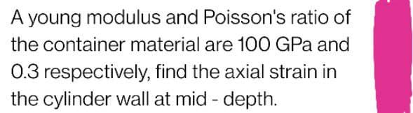 A young modulus and Poisson's ratio of
the container material are 100 GPa and
0.3 respectively, find the axial strain in
the cylinder wall at mid - depth.
