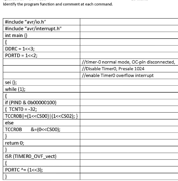 Identify the program function and comment at each command.
#include "avr/io.h"
#include "avr/interrupt.h"
int main ()
DDRC = 1<<3;
%3D
PORTD = 1<<2;
%3D
//timer-0 normal mode, OC-pin disconnected,
//Disable Timer0, Presale 1024
//enable TimerO overflow interrupt
sei ();
while (1);
if (PIND & Ob00000100)
{ TCNTO = -32;
TCCROB|=(1<<CSO0)|(1<<CS02); }
else
ТСCCROB
&=(0<<CS00);
return 0;
ISR (TIMERO_OVF_vect)
{
PORTC ^= (1<<3);
