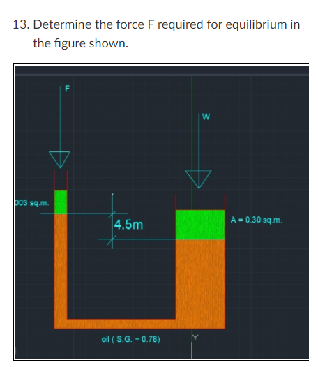 13. Determine the force F required for equilibrium in
the figure shown.
b03 sq.m.
A = 0.30 sq.m.
4.5m
oil ( S.G. = 0.78)
