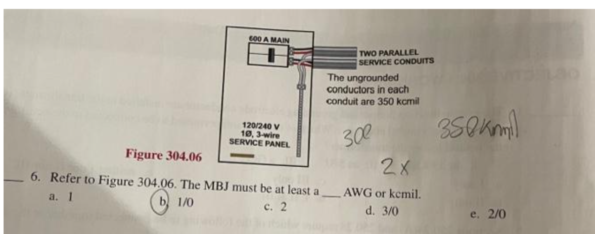 600 A MAIN
+
120/240 V
10, 3-wire
SERVICE PANEL
Figure 304.06
6. Refer to Figure 304.06. The MBJ must be at least a
a. 1
1/0
c. 2
TWO PARALLEL
SERVICE CONDUITS
The ungrounded
conductors in each
conduit are 350 kcmil
300
2X
AWG or kemil.
d. 3/0
350kmm!
e. 2/0