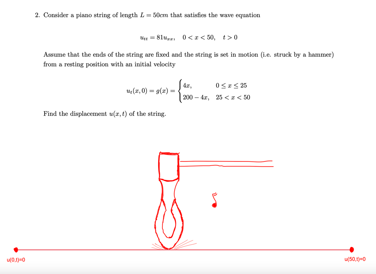 u(0,t)=0
2. Consider a piano string of length L
=
Utt
50cm that satisfies the wave equation
-
= 81uxx, 0 < x < 50, t> 0
Assume that the ends of the string are fixed and the string is set in motion (i.e. struck by a hammer)
from a resting position with an initial velocity
ut (x,0) = g(x) =
Find the displacement u(x, t) of the string.
4x,
0≤x≤ 25
200 4x, 25 < x < 50
u(50,t)=0