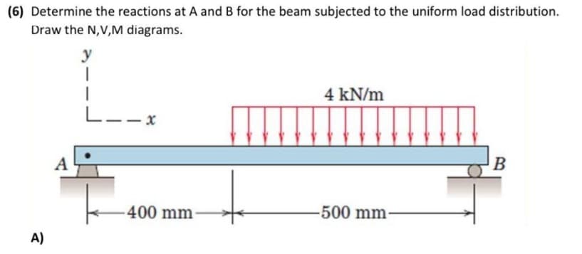 (6) Determine the reactions at A and B for the beam subjected to the uniform load distribution.
Draw the N,V,M diagrams.
y
I
4 kN/m
L--x
B
500 mm-
A)
A
400 mm-