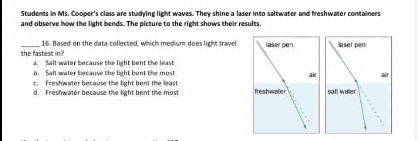 Students in Ms. Cooper's class are studying light waves. They shine a laser into saltwater and freshwater containers
and observe how the light bends. The picture to the right shows their results.
16. Based on the data collected, which medium does light travel
laser pen
laser pen
the fastest in?
a. Salt water because the light bent the least
b. Salt water because the light bent the most
c. Freshwater because the light bent the least
d. Freshwater because the light bent the most
air
air
freshwater
salt water
