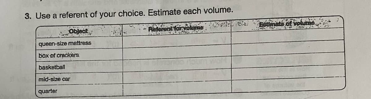 3. Use a referent of your choice. Estimate each volume.
Object
queen-size mattress
box of crackers.
basketball
mid-size car
quarter
Referent for volume C
Estimate of volume
A