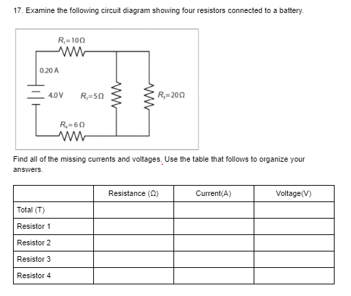 17. Examine the following circuit diagram showing four resistors connected to a battery.
R,= 100
0.20 A
4.0V
R,=50
R,=200
R=60
Find all of the missing currents and voltages. Use the table that follows to organize your
answers.
Resistance (0)
Current(A)
Voltage(V)
Total (T)
Resistor 1
Resistor 2
Resistor 3
Resistor 4
