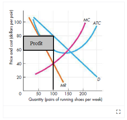 100
MC
ATC
80
Profit
60
40
20
MR
50
100 150 200
Quantity (pairs of running shoes per week)
Price and cost (dollars per pair)
