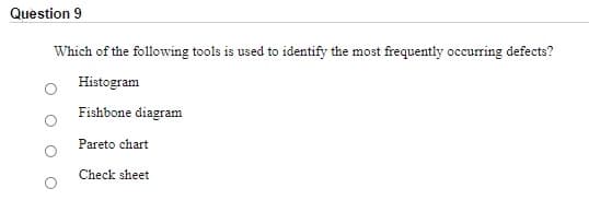 Question 9
Which of the following tools is used to identify the most frequently occurring defects?
Histogram
Fishbone diagram
Pareto chart
Check sheet
