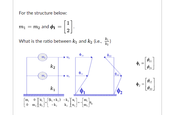 For the structure below:
- [2].
What is the ratio between k₁ and k₂ (i.e.,
k₂
m₁ = m₂ and 1 =
11₁
0
m₂
m₂
m₂
K₂
k₁
[(k₁
₁+k₂)
-k₂
U1₂
U₁
−k₂
k₂
Ф1
11
$12