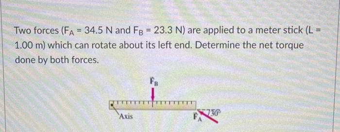 Two forces (FA = 34.5 N and FB = 23.3 N) are applied to a meter stick (L =
1.00 m) which can rotate about its left end. Determine the net torque
done by both forces.
Axis
FB
730