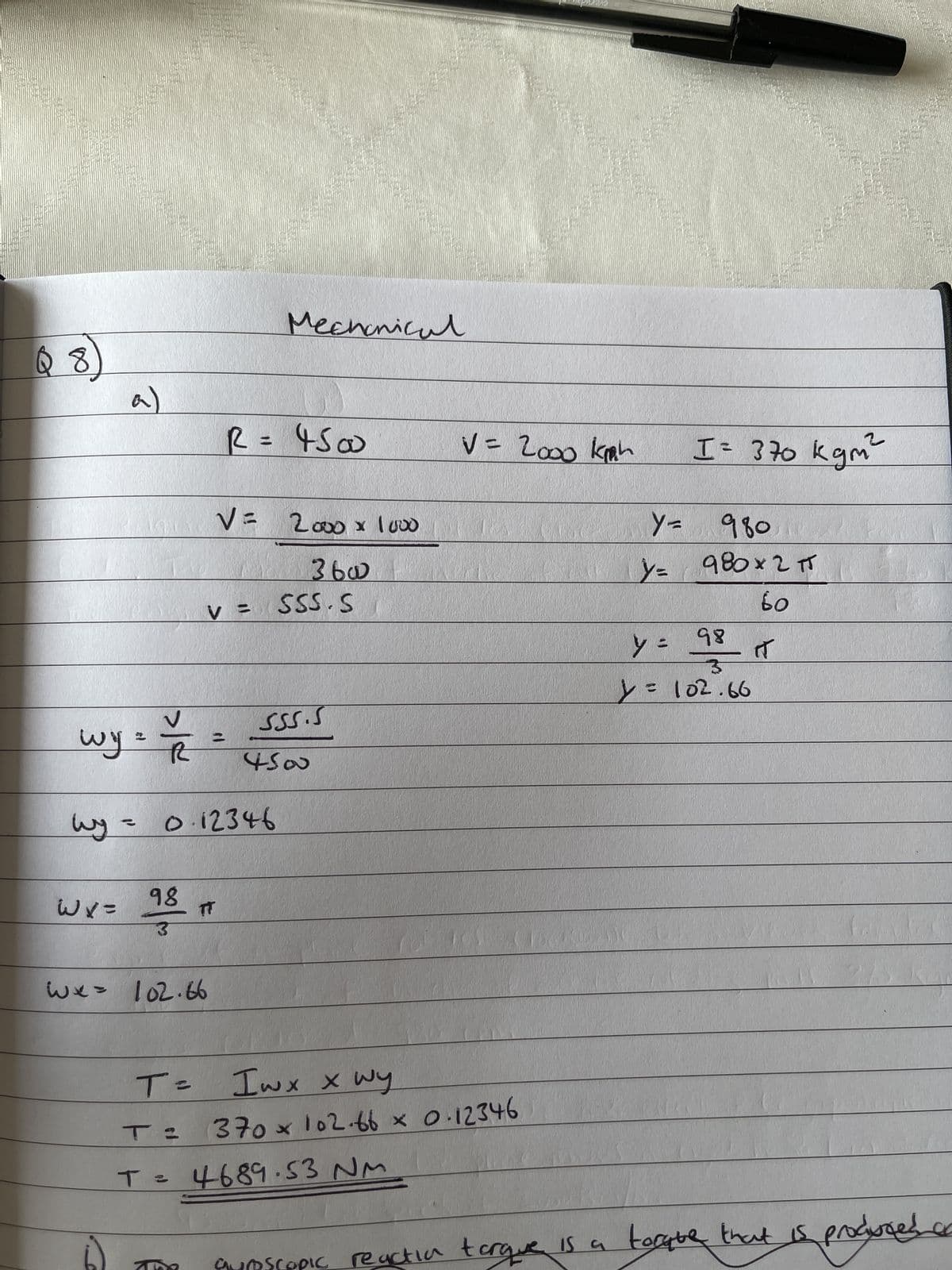 The engine of a plane
of a plane rotates
front. The moment of
The engine rotates at 980 rpm
FILELE
TITTLE
rotates Clockwise
<1
wise when viewed from the
1723)
Inertian of all the rotating parts 370 kgm²
F-V1
Calculate the Magnitude and effect of the gyroscopic actia
C
resulting when the plane makes a right hand turn of radius
4500m at a speel of 2000km/h
Explain the gyroscopic reactia torque
LET