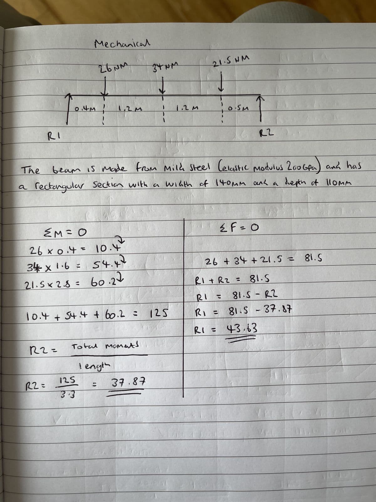 Q=W3
0.4m
Mechanical
=221
R2=
26 x 0.4 = 10.4²
34 x 1·6 =
54.42
21.5x2.5 = 60.22
26NM
10.4 + 54.4 + 60.2 = 125
125
3.3
1.2M
The beam is made from Mild Steel Celastic modulus 200 Gpa) and has
a rectangular Section with a width of 140mm and a depth of 110mm
хотель
Total Moments
=
то
length
34NM
37.87
VOLTS
1.2 M
21.5WM
0.5m
↑
R2
≤ f = 0
26 +34 + 21.5 = 81.S
R1 + R₂ =
81.S
RI
R₁ = 81.5 - 37.87
R1 = 43.63
28-5.18