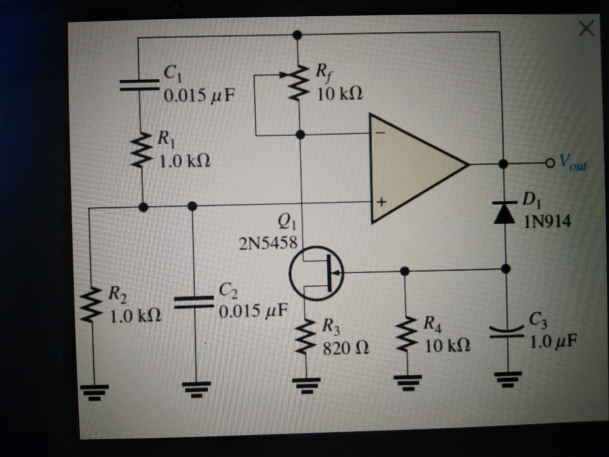 R
10 kN
0.015 uF
1.0 kN
oVout
IN914
2N5458
C2
R2
1.0 k2
* 0.015 µF
R3
820 N
R4
10 kN
C3
1.0 μF
