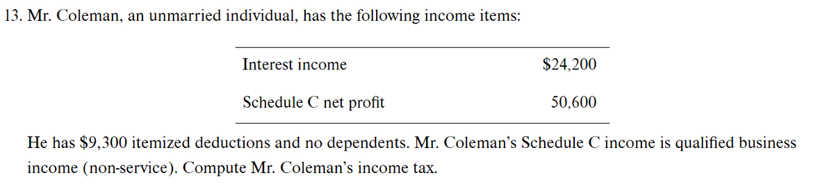 13. Mr. Coleman, an unmarried individual, has the following income items:
Interest income
$24,200
Schedule C net profit
He has $9,300 itemized deductions and no dependents. Mr. Coleman's Schedule C income is qualified business
income (non-service). Compute Mr. Coleman's income tax.
50,600