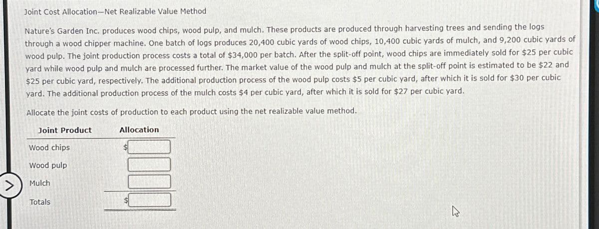 >
Joint Cost Allocation-Net Realizable Value Method
Nature's Garden Inc. produces wood chips, wood pulp, and mulch. These products are produced through harvesting trees and sending the logs
through a wood chipper machine. One batch of logs produces 20,400 cubic yards of wood chips, 10,400 cubic yards of mulch, and 9,200 cubic yards of
wood pulp. The joint production process costs a total of $34,000 per batch. After the split-off point, wood chips are immediately sold for $25 per cubic
yard while wood pulp and mulch are processed further. The market value of the wood pulp and mulch at the split-off point is estimated to be $22 and
$25 per cubic yard, respectively. The additional production process of the wood pulp costs $5 per cubic yard, after which it is sold for $30 per cubic
yard. The additional production process of the mulch costs $4 per cubic yard, after which it is sold for $27 per cubic yard.
Allocate the joint costs of production to each product using the net realizable value method.
Joint Product
Allocation
Wood chips
Wood pulp
Mulch
Totals
$