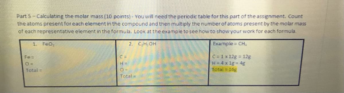 Part 5-Calculating the molar mass (10 points) - You will need the periodic table for this part of the assignment. Count
the atoms present for each element in the compound and then multiply the number of atoms present by the molar mass
of each representative element in the formula. Look at the example to see how to show your work for each formula.
1. FeO,
2. C,H,OH
Example CH
C=1 x 12g 12g
H= 4 x 1g = 4g
Total 16g
Fe=
Total =
Total =
