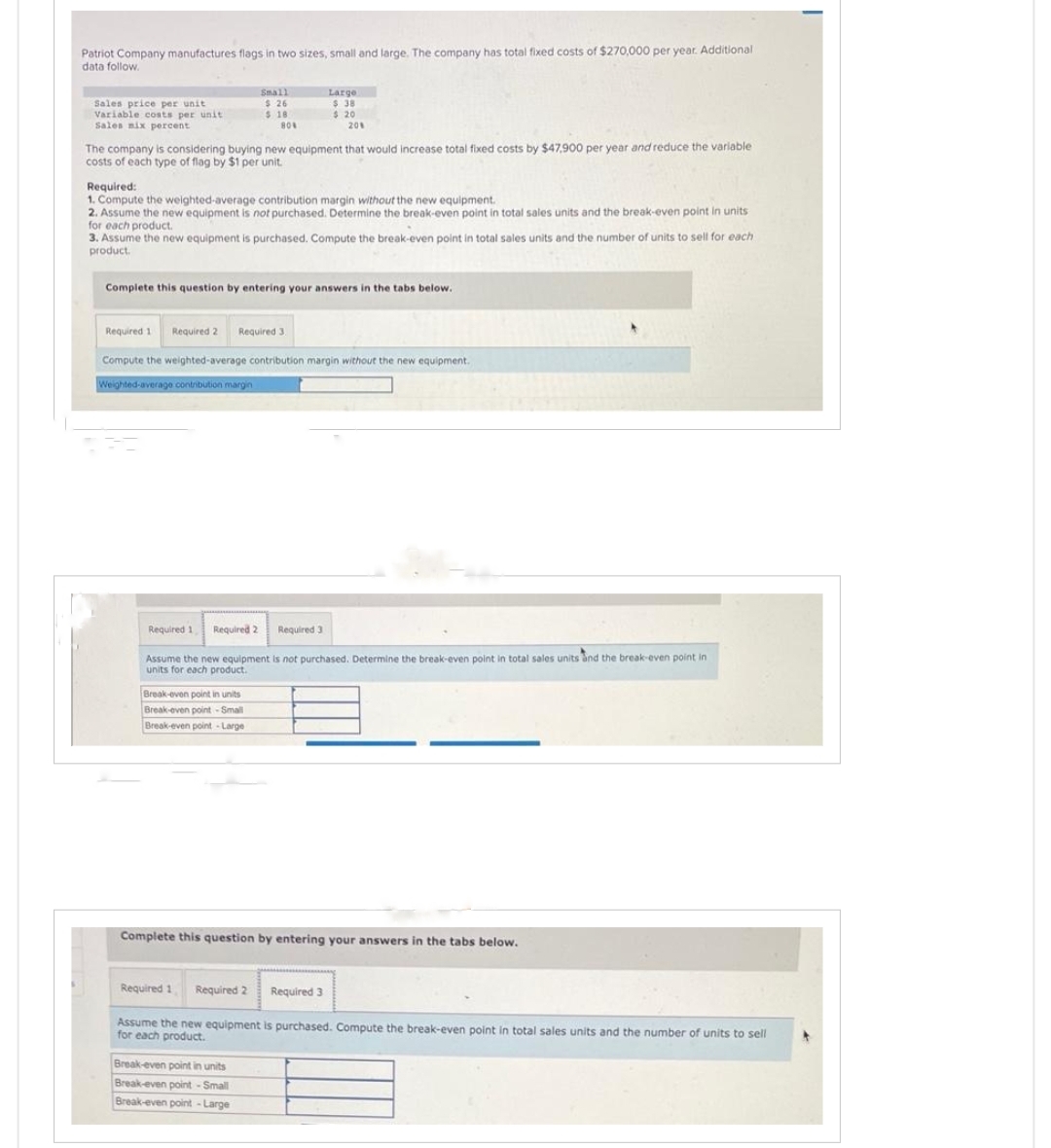 Patriot Company manufactures flags in two sizes, small and large. The company has total fixed costs of $270,000 per year. Additional
data follow
Sales price per unit
Variable costs per unit
Sales nix percent
Small
$ 26
$ 18
80%
Large
$ 38
$ 20
The company is considering buying new equipment that would increase total fixed costs by $47,900 per year and reduce the variable
costs of each type of flag by $1 per unit.
201
Required:
1. Compute the weighted-average contribution margin without the new equipment.
2. Assume the new equipment is not purchased. Determine the break-even point in total sales units and the break-even point in units
for each product.
3. Assume the new equipment is purchased. Compute the break-even point in total sales units and the number of units to sell for each
product.
Break-even point in units
Break-even point-Small
Break-even point-Large
Complete this question by entering your answers in the tabs below.
Required 1 Required 2 Required 3.
Compute the weighted-average contribution margin without the new equipment.
Weighted-average contribution margin
Required 1 Required 2 Required 3
Assume the new equipment is not purchased. Determine the break-even point in total sales units and the break-even point in
units for each product.
Break-even point in units
Break-even point-Small
Break-even point -Large
Complete this question by entering your answers in the tabs below.
Required 1 Required 2 Required 3
Assume the new equipment is purchased. Compute the break-even point in total sales units and the number of units to sell
for each product.