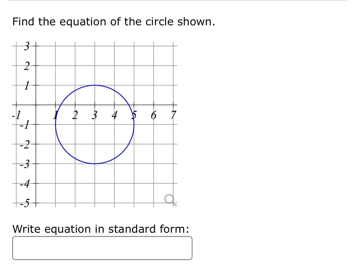 Find the equation of the circle shown.
3
2
1
-1
-2
-3
-4
-5
2 3 4
Write equation in standard form: