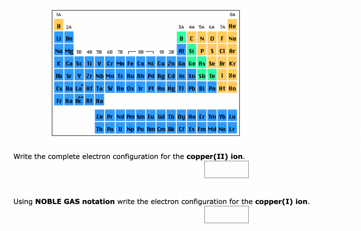 1A
H 2A
Li Be
Na Mg 3B 4B 5B 68 7B8B
K Ca Sc Ti V Cr Mn Fe Co Ni
8A
3A 4A 5A 6A 7A He
BCN
1B 2B Al Si P
Rb Sr Y Zr Nb Mo Tc Ru Rh Pd Ag Cd In
Cs Ba La Hf Ta W Re Os Ir Pt Au Hg Tl
Fr Ra Ac Rf Ha
***
OF Ne
S Cl Ar
Cu Zn Ga Ge As Se Br Kr
Sn Sb Te I Xe
Pb Bi Po At Rn
Ce Pr Nd Pm Sm Eu Gd Tb Dy Ho Er Tm Yb Lu
Th Pa U Np Pu Am Cm Bk Cf Es Fm Md No Lr
Write the complete electron configuration for the copper(II) ion.
Using NOBLE GAS notation write the electron configuration for the copper(I) ion.