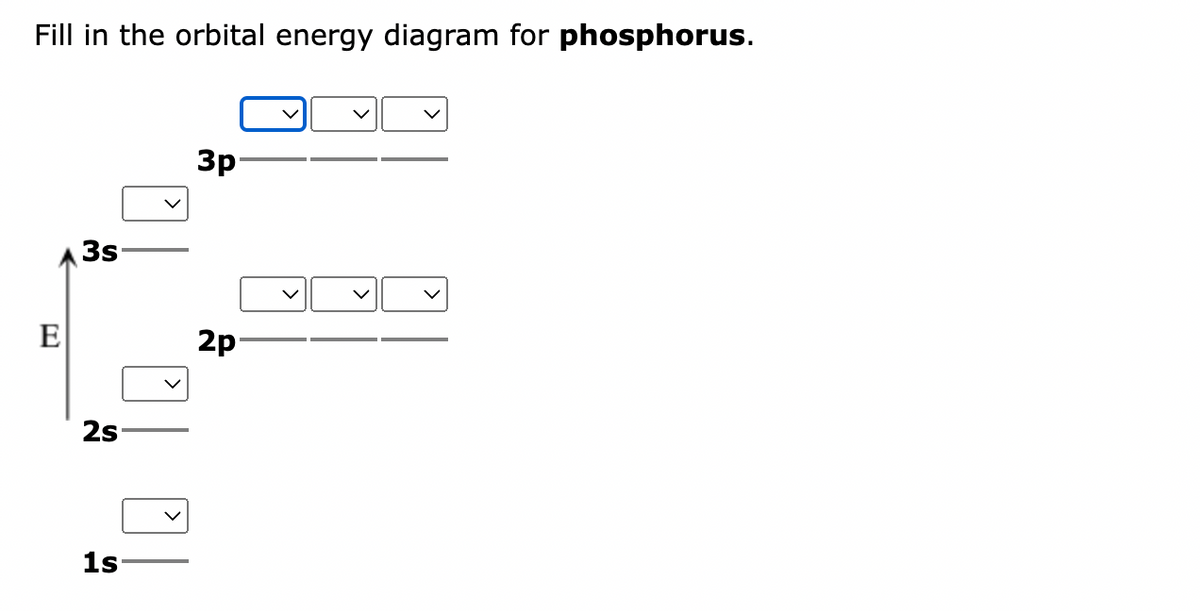 Fill in the orbital energy diagram for phosphorus.
E
3s
2s
5
1s
3p-
2p