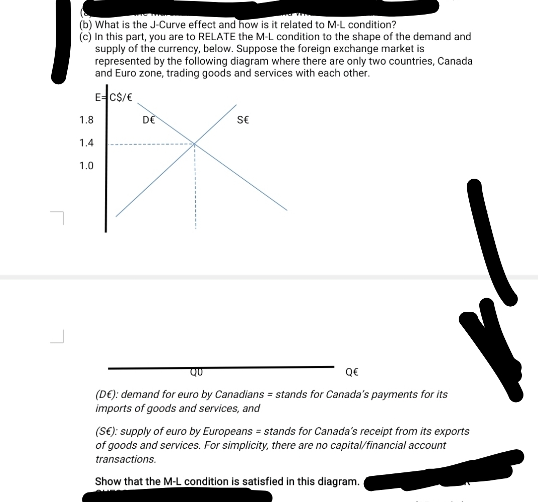 (b) What is the J-Curve effect and how is it related to M-L condition?
(c) In this part, you are to RELATE the M-L condition to the shape of the demand and
supply of the currency, below. Suppose the foreign exchange market is
represented by the following diagram where there are only two countries, Canada
and Euro zone, trading goods and services with each other.
터CS/E
1.8
DE
S€
1.4
1.0
QO
Q€
(D€): demand for euro by Canadians = stands for Canada's payments for its
imports of goods and services, and
(S€): supply of euro by Europeans = stands for Canada's receipt from its exports
of goods and services. For simplicity, there are no capital/financial account
transactions.
Show that the M-L condition is satisfied in this diagram.
