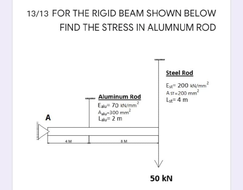 13/13 FOR THE RIGID BEAM SHOWN BELOW
FIND THE STRESS IN ALUMNUM ROD
Steel Rod
Est= 200 kN/mm
A ST=200 mm
Aluminum Rod
Lst= 4 m
Ealu- 70 kN/mm?
Aalu-300 mm?
Lalu= 2 m
A
4 M
8 M
50 kN
