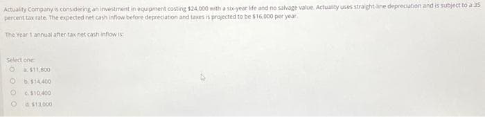 Actuality Company is considering an investment in equipment costing $24,000 with a six-year life and no salvage value. Actuality uses straight-line depreciation and is subject to a 35
percent tax rate. The expected net cash inflow before depreciation and taxes is projected to be $16,000 per year.
The Year 1 annual after-tax net cash inflow is
Select one
O
O
a. $11,800
b. $14.400
c. $10,400
d $13,000