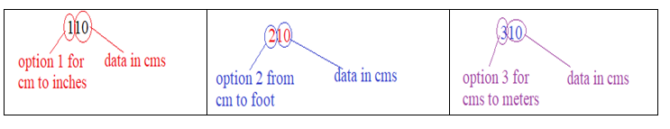 110
310
option 1 for data in cms
cm to inches
data in cms
option 2 from
cm to foot
option 3 for
data in cms
cms to meters
