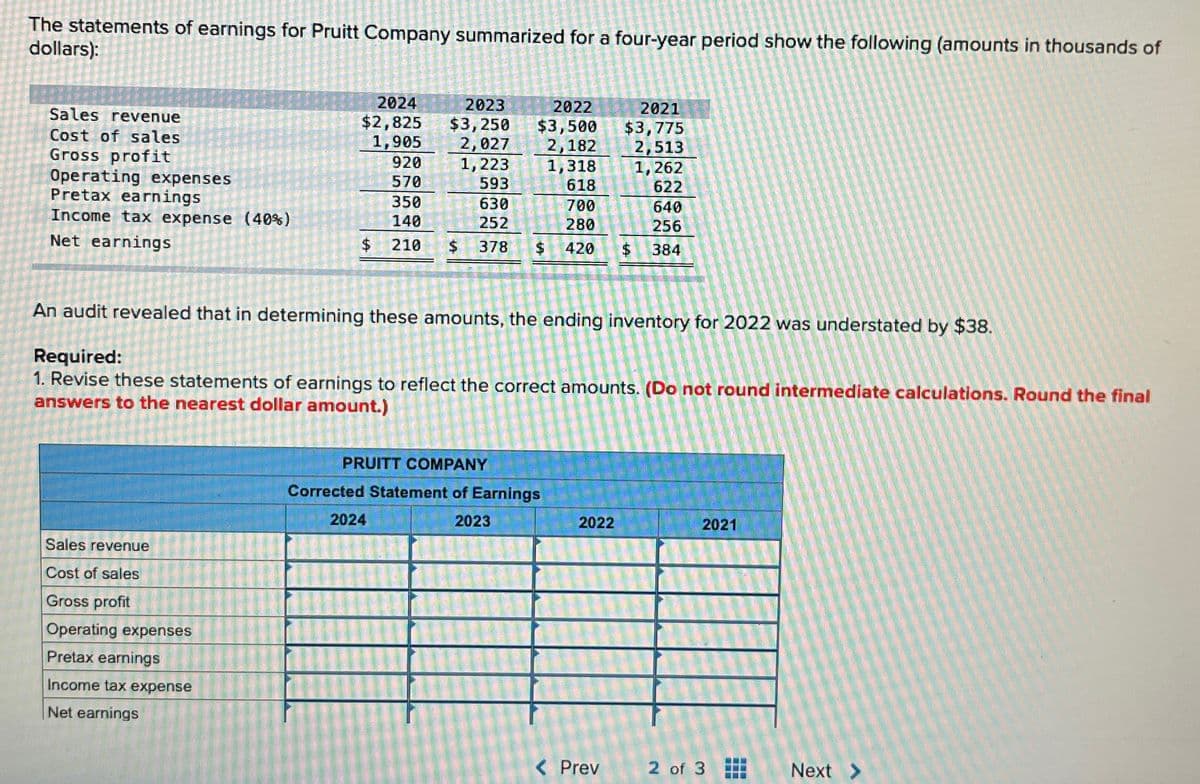 The statements of earnings for Pruitt Company summarized for a four-year period show the following (amounts in thousands of
dollars):
2024
Sales revenue
2023
$2,825 $3,250
1,905 2,027
Cost of sales
Gross profit
920
M. T
1,223
Operating expenses
570
593
Pretax earnings
350
Income tax expense (40%)
630
252
140
Net earnings
$ 210 $ 378 $ 420
Sales revenue
Cost of sales
Gross profit
Operating expenses
Pretax earnings
Income tax expense
Net earnings
2022
$3,500
2,182
1,318
618
700
280
An audit revealed that in determining these amounts, the ending inventory for 2022 was understated by $38.
Paun-ship and ug
2024
Required:
1. Revise these statements of earnings to reflect the correct amounts. (Do not round intermediate calculations. Round the final
answers to the nearest dollar amount.)
"anne om d
PRUITT COMPANY
Corrected Statement of Earnings
2023
2021
$3,775
2,513
1,262
622
640
256
384
2022
$
< Prev
2021
2 of 3
Next >