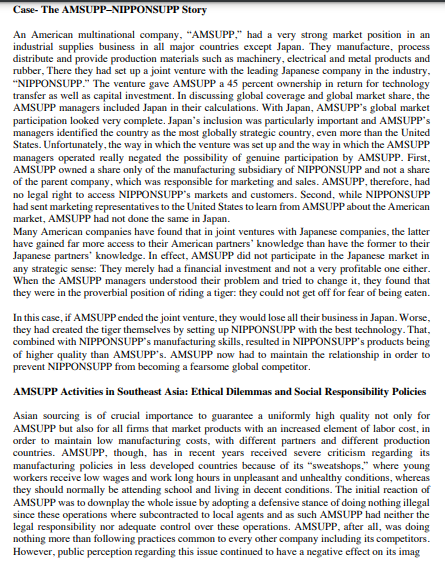 Case- The AMSUPP-NIPPONSUPP Story
An American multinational company, "AMSUPP," had a very strong market position in an
industrial supplies business in all major countries except Japan. They manufacture, process
distribute and provide production materials such as machinery, electrical and metal products and
rubber, There they had set up a joint venture with the leading Japanese company in the industry,
"NIPPONSUPP." The venture gave AMSUPP a 45 percent ownership in return for technology
transfer as well as capital investment. In discussing global coverage and global market share, the
AMSUPP managers included Japan in their calculations. With Japan, AMSUPP's global market
participation looked very complete. Japan's inclusion was particularly important and AMSUPP's
managers identified the country as the most globally strategic country, even more than the United
States. Unfortunately, the way in which the venture was set up and the way in which the AMSUPP
managers operated really negated the possibility of genuine participation by AMSUPP. First,
AMSUPP owned a share only of the manufacturing subsidiary of NIPPONSUPP and not a share
of the parent company, which was responsible for marketing and sales. AMSUPP, therefore, had
no legal right to access NIPPONSUPP's markets and customers. Second, while NIPPONSUPP
had sent marketing representatives to the United States to learn from AMSUPP about the American
market, AMSUPP had not done the same in Japan.
Many American companies have found that in joint ventures with Japanese companies, the latter
have gained far more access to their American partners' knowledge than have the former to their
Japanese partners' knowledge. In effect, AMSUPP did not participate in the Japanese market in
any strategic sense: They merely had a financial investment and not a very profitable one either.
When the AMSUPP managers understood their problem and tried to change it, they found that
they were in the proverbial position of riding a tiger: they could not get off for fear of being eaten.
In this case, if AMSUPP ended the joint venture, they would lose all their business in Japan. Worse,
they had created the tiger themselves by setting up NIPPONSUPP with the best technology. That,
combined with NIPPONSUPP's manufacturing skills, resulted in NIPPONSUPP's products being
of higher quality than AMSUPP's. AMSUPP now had to maintain the relationship in order to
prevent NIPPONSUPP from becoming a fearsome global competitor.
AMSUPP Activities in Southeast Asia: Ethical Dilemmas and Social Responsibility Policies
Asian sourcing is of crucial importance to guarantee a uniformly high quality not only for
AMSUPP but also for all firms that market products with an increased element of labor cost, in
order to maintain low manufacturing costs, with different partners and different production
countries. AMSUPP, though, has in recent years received severe criticism regarding its
manufacturing policies in less developed countries because of its "sweatshops," where young
workers receive low wages and work long hours in unpleasant and unhealthy conditions, whereas
they should normally be attending school and living in decent conditions. The initial reaction of
AMSUPP was to downplay the whole issue by adopting a defensive stance of doing nothing illegal
since these operations where subcontracted to local agents and as such AMSUPP had neither the
legal responsibility nor adequate control over these operations. AMSUPP, after all, was doing
nothing more than following practices common to every other company including its competitors.
However, public perception regarding this issue continued to have a negative effect on its imag
