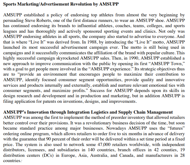 Sports Marketing/Advertisement Revolution by AMSUPP
AMSUPP established a policy of endorsing top athletes from almost the very beginning by
persuading Steve Roberts, one of the first distance runners, to wear an AMSUPP shoe, AMSUPP
has continued endorsing its brands to influential athletes, coaches, teams, colleges, and sports
leagues and has thoroughly and actively sponsored sporting events and clinics. Not only was
AMSUPP endorsing athletes in all sports, the company also started to advertise to everyone. And
that is where "Live It" was derived from. In 1988, by introducing the "Live It" motto, AMSUPP
launched its most successful advertisement campaign ever. The motto is still being used in
campaigns and it successfully communicates the affiliation of the brand with popular culture. This
highly successful campaign skyrocketed AMSUPP sales. Then, in 1990, AMSUPP established a
new approach to improve communication with the public by opening its first "AMSUPP Town,"
with a goal to get people more involved in the "AMSUPP experience." Its strategic objectives thus
are to "provide an environment that encourages people to maximize their contribution to
AMSUPP, identify focused consumer segment opportunities, provide quality and innovative
services and products internally and externally, establish and nurture relevant emotional ties with
consumer segments, and maximize profits." Success for AMSUPP depends upon its skills in
design research and development and in production and marketing, but in addition AMSUPP is
filing application for patents on inventions, designs, and improvements.
AMSUPP's Innovation through Integration Logistics and Supply Chain Management
AMSUPP was among the first to implement the method of preorder inventory that allowed retailers
better control over their provisions. It was a revolutionary business decision of the time, but soon
became standard practice among major businesses. Nowadays AMSUPP uses the "futures"
ordering online program, which allows retailers to order five to six months in advance of delivery
with the guarantee that 90 percent of their order will be delivered within a set time period at a fixed
price. The system is also used to network some 47,000 retailers worldwide, with independent
distributors, licensees, and subsidiaries in 140 countries, branch offices in 42 counties, 19
distribution centers (DCs) in Europe, Asia, Australia, and Canada, and manufacturers in 28
countries.