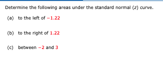 Determine the following areas under the standard normal (z) curve.
(a) to the left of -1.22
(b) to the right of 1.22
(c) between -2 and 3
