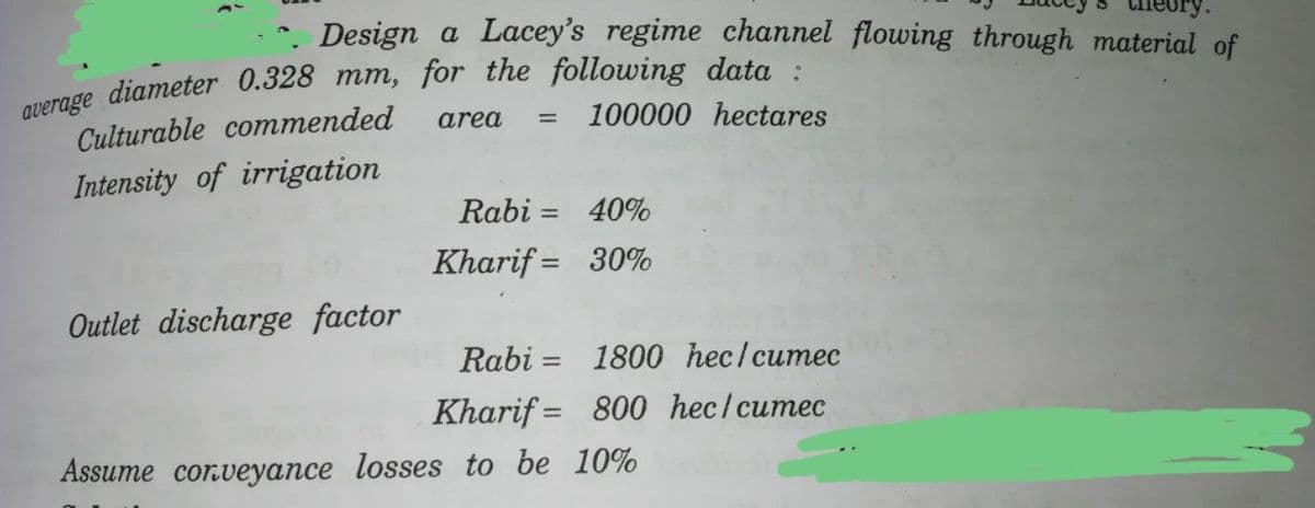 Cheory.
Design a Lacey's regime channel flowing through material of
Culturable commended
area
100000 hectares
%3D
Intensity of irrigation
Rabi = 40%
Kharif = 30%
Outlet discharge factor
Rabi = 1800 hec/cumec
Kharif = 800 hec/cumec
Assume corveyance losses to be 10%
