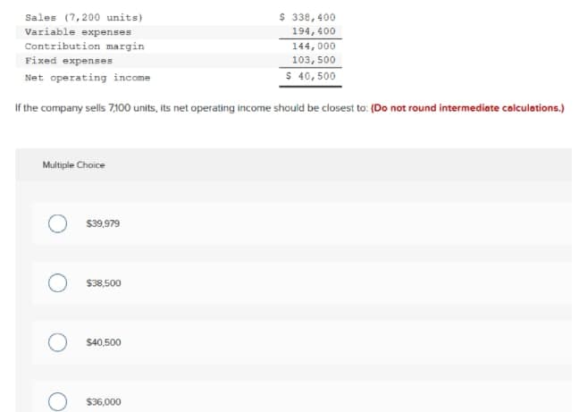 Sales (7,200 units)
$ 338,400
Variable expenses
194, 400
144, 000
Contribution margin
Fixed expenses
103, 500
Net operating income
$ 40,500
If the company sells 7,100 units, its net operating income should be closest to: (Do not round intermediate calculations.)
Multiple Choice
$39,979
$38,500
$40,500
$36,000

