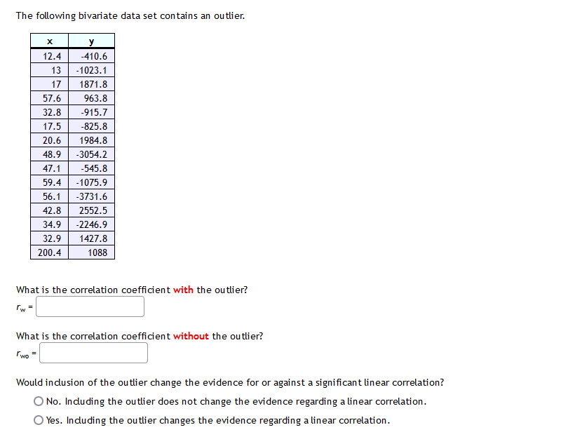 The following bivariate data set contains an ou tlier.
y
12.4
-410.6
13
-1023.1
17
1871.8
57.6
963.8
32.8
-915.7
17.5
-825.8
20.6
1984.8
48.9
-3054.2
47.1
-545.8
59.4
-1075.9
56.1
-3731.6
42.8
2552.5
34.9
-2246.9
32.9
1427.8
200.4
1088
What is the correlation coefficient with the outlier?
What is the correlation coefficient without the outlier?
rwo =
Would indusion of the outlier change the evidence for or against a significant linear correlation?
O No. Induding the outlier does not change the evidence regarding a linear correlation.
O Yes. Induding the outlier changes the evidence regarding a linear correlation.
