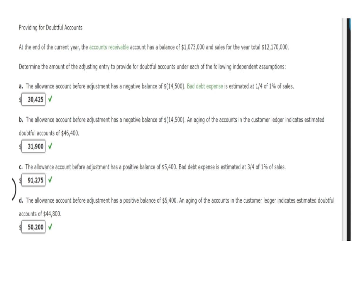 Providing for Doubtful Accounts
At the end of the current year, the accounts receivable account has a balance of $1,073,000 and sales for the year total $12,170,000.
Determine the amount of the adjusting entry to provide for doubtful accounts under each of the following independent assumptions:
a. The allowance account before adjustment has a negative balance of $(14,500). Bad debt expense is estimated at 1/4 of 1% of sales.
30,425 V
b. The allowance account before adjustment has a negative balance of $(14,500). An aging of the accounts in the customer ledger indicates estimated
doubtful accounts of $46,400.
31,900✔
c. The allowance account before adjustment has a positive balance of $5,400. Bad debt expense is estimated at 3/4 of 1% of sales.
91,275 ✔
d. The allowance account before adjustment has a positive balance of $5,400. An aging of the accounts in the customer ledger indicates estimated doubtful
accounts of $44,800.
50,200✔