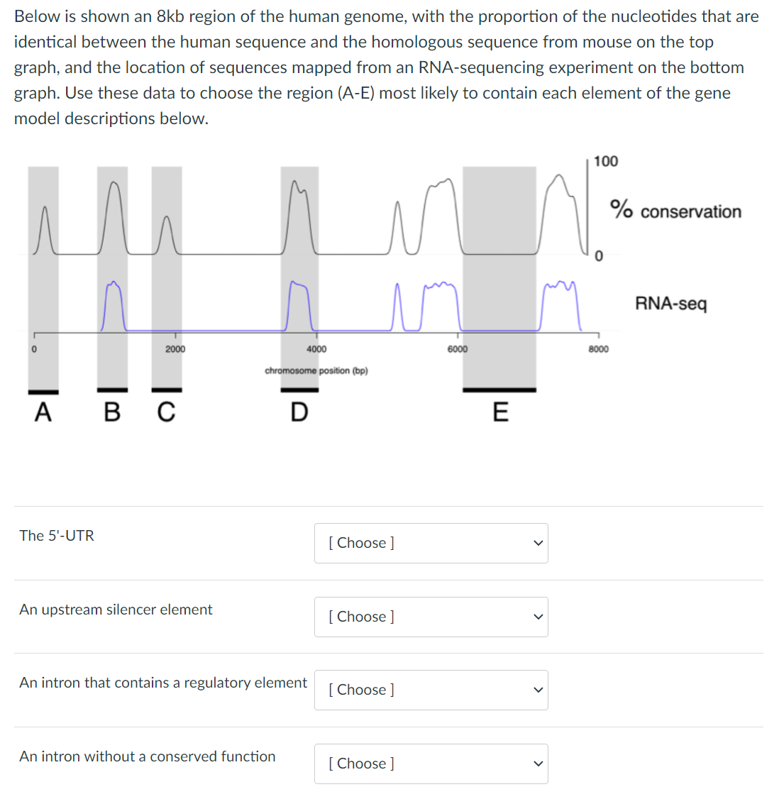 Below is shown an 8kb region of the human genome, with the proportion of the nucleotides that are
identical between the human sequence and the homologous sequence from mouse on the top
graph, and the location of sequences mapped from an RNA-sequencing experiment on the bottom
graph. Use these data to choose the region (A-E) most likely to contain each element of the gene
model descriptions below.
M
2000
A B C
The 5'-UTR
An upstream silencer element
4000
chromosome position (bp)
An intron without a conserved function
D
An intron that contains a regulatory element
[Choose ]
[Choose ]
[Choose ]
[Choose ]
6000
E
100
% conservation
8000
RNA-seq