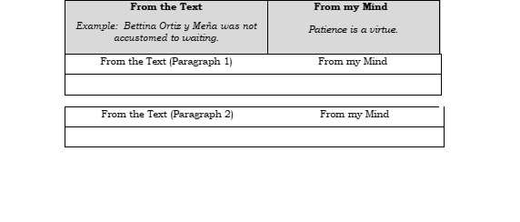 From the Text
From my Mind
Example: Bettina Ortiz y Meña was not
accustomed to waiting.
Patience is a virtue.
From the Text (Paragraph 1)
From my Mind
From the Text (Paragraph 2)
From my Mind
