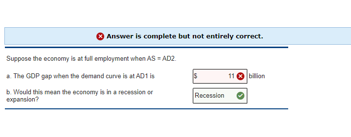 Answer is complete but not entirely correct.
Suppose the economy is at full employment when AS = AD2.
a. The GDP gap when the demand curve is at AD1 is
b. Would this mean the economy is in a recession or
expansion?
Recession
11 billion