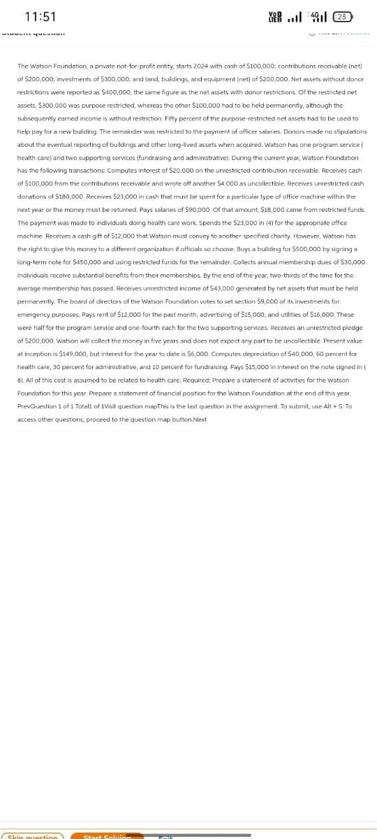 11:51
V423
The Watson Foundation, a private not-for-profit entity, starts 2024 with cash of $100,000; contributions receivable (net)
of $200,000; investments of $300,000; and land, buildings, and equipment (net) of $200,000. Net assets without donor
restrictions were reported as $400,000, the same figure as the net assets with donor restrictions. Of the restricted net
assets, $300,000 was purpose restricted, whereas the other $100,000 had to be held permanently, although the
subsequently earned income is without restriction. Fifty percent of the purpose-restricted net assets had to be used to
help pay for a new building. The remainder was restricted to the payment of officer salaries. Donors made no stipulations
about the eventual reporting of buildings and other long-lived assets when acquired. Watson has one program service (
health care) and two supporting services (fundraising and administrative). During the current year, Watson Foundation
has the following transactions: Computes interest of $20,000 on the unrestricted contribution receivable. Receives cash
of $100,000 from the contributions receivable and wrote off another $4,000 as uncollectible. Receives unrestricted cash
donations of $180,000. Receives $23,000 in cash that must be spent for a particular type of office machine within the
next year or the money must be returned. Pays salaries of $90,000. Of that amount, $18,000 came from restricted funds.
The payment was made to individuals doing health care work. Spends the $23,000 in (4) for the appropriate office
machine. Receives a cash gift of $12,000 that Watson must convey to another specified charity. However, Watson has
the right to give this money to a different organization if officials so choose. Buys a building for $500,000 by signing a
long-term note for $450,000 and using restricted funds for the remainder. Collects annual membership dues of $30,000.
Individuals receive substantial benefits from their memberships. By the end of the year, two-thirds of the time for the
average membership has passed. Receives unrestricted income of $43,000 generated by net assets that must be held
permanently. The board of directors of the Watson Foundation votes to set section $9,000 of its investments for
emergency purposes. Pays rent of $12,000 for the past month, advertising of $15,000, and utilities of $16,000. These
were half for the program service and one-fourth each for the two supporting services. Receives an unrestricted pledge
of $200,000. Watson will collect the money in five years and does not expect any part to be uncollectible. Present value
at inception is $149,000, but interest for the year to date is $6,000. Computes depreciation of $40,000, 60 percent for
health care, 30 percent for administrative, and 10 percent for fundraising. Pays $15,000 in interest on the note signed in (
8). All of this cost is assumed to be related to health care. Required: Prepare a statement of activities for the Watson
Foundation for this year. Prepare a statement of financial position for the Watson Foundation at the end of this year.
PrevQuestion 1 of 1 Total of 1Visit question mapThis is the last question in the assignment. To submit, use Alt + S. To
access other questions, proceed to the question map button.Next
Skin question
Start Solving