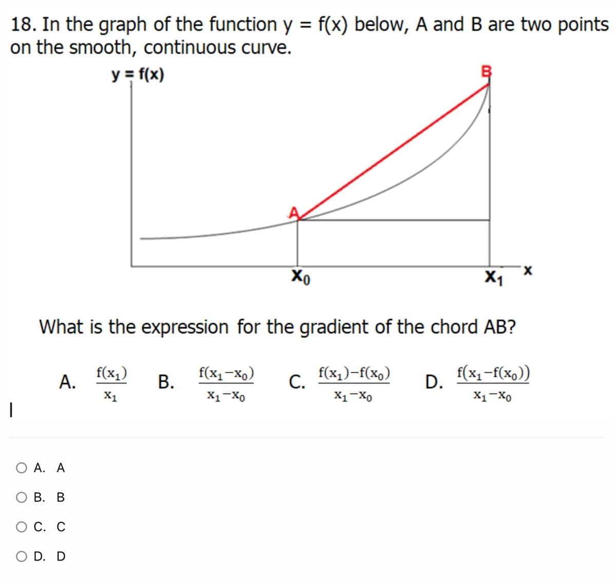 18. In the graph of the function y = f(x) below, A and B are two points
on the smooth, continuous curve.
y = f(x)
X1
What is the expression for the gradient of the chord AB?
f(x1)
А.
f(x1-xo)
В.
f(x1)-f(x,)
С.
D.
f(x1-f(xo))
X1
X1-Xo
X1-Xo
X1-Xo
O A. A
О В. В
ОС. С
O D. D
