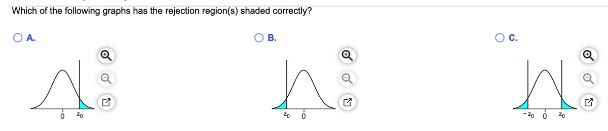 Which of the following graphs has the rejection region(s) shaded correctly?
A.
O B.
С.
Zo
- Zo
Zo
Fo
