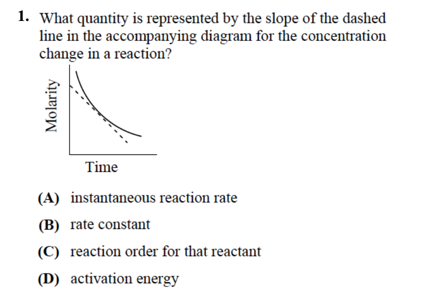 Molarity
1. What quantity is represented by the slope of the dashed
line in the accompanying diagram for the concentration
change in a reaction?
Time
(A) instantaneous reaction rate
(B) rate constant
(C) reaction order for that reactant
(D) activation energy