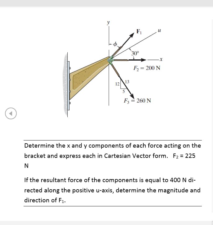 y
F1
30°
F2 = 200 N
1213
5
F3 = 260 N
Determine the x and y components of each force acting on the
bracket and express each in Cartesian Vector form. F2 = 225
N
If the resultant force of the components is equal to 400 N di-
rected along the positive u-axis, determine the magnitude and
direction of F1.
