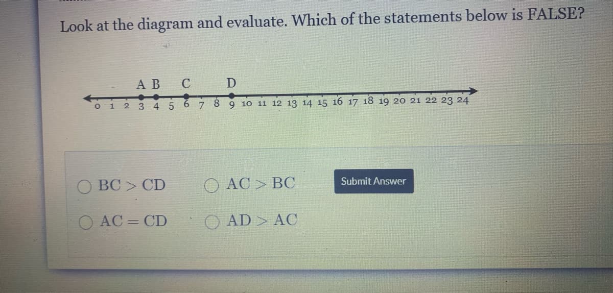 Look at the diagram and evaluate. Which of the statements below is FALSE?
А В
C
D
O 1 2 3 45 6 7 8 9 10 11 12 13 14 15 16 17 18 19 20 21 22 23 24
O BC > CD
O AC > BC
Submit Answer
O AC = CD
O AD > AC
